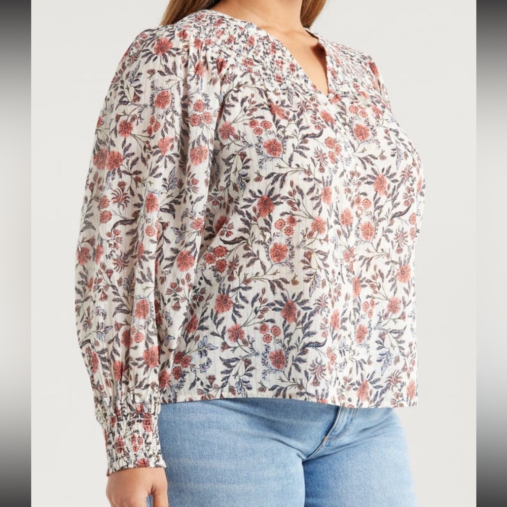 Treasure & Bond Print Smocked Yoke Button-Up Shirt, IVORY- PINK FLEURETTE, 1X/2X - Picture 3 of 9
